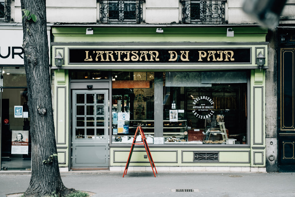 the outside of a store on a european city street