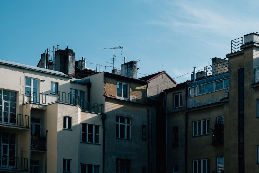 the side of rectangular buildings with windows in all sizes