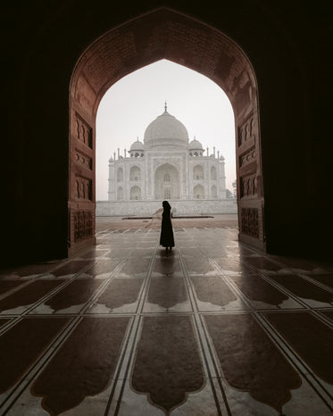 the silhouette of a person standing in a carved archway