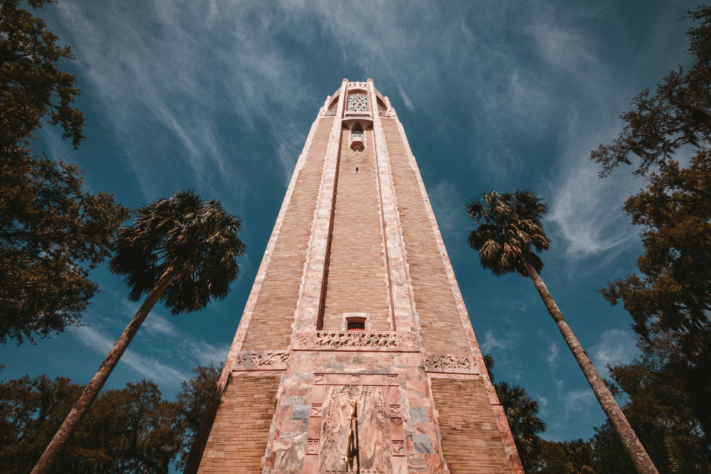 the singing tower framed by florida palm trees