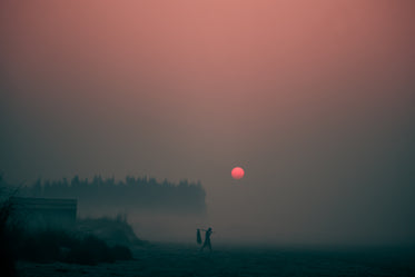 the sun sets through a thick evening fog