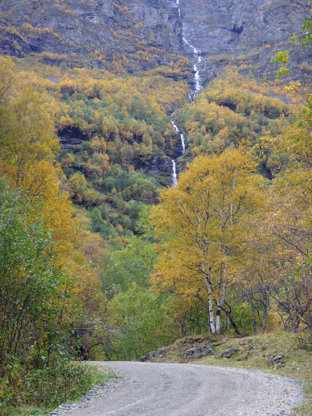 thin waterfall and dirt road