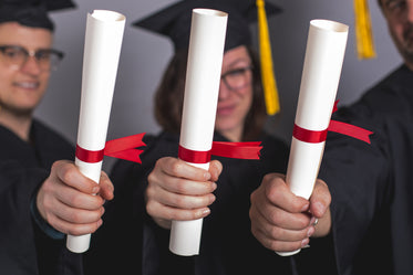 three grad students holding out diplomas