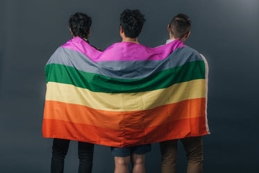 three people holding pride flag over their backs