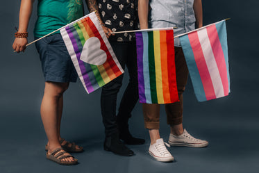 three people holding pride flags feet