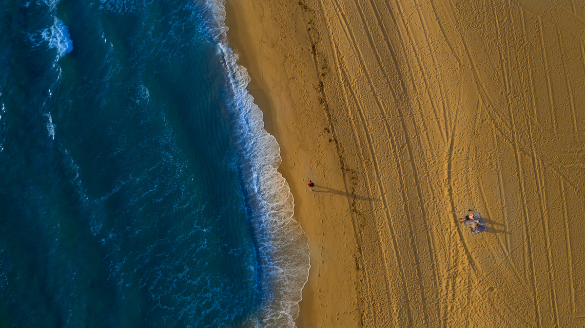 tire tracks across the beach and deep blue ocean