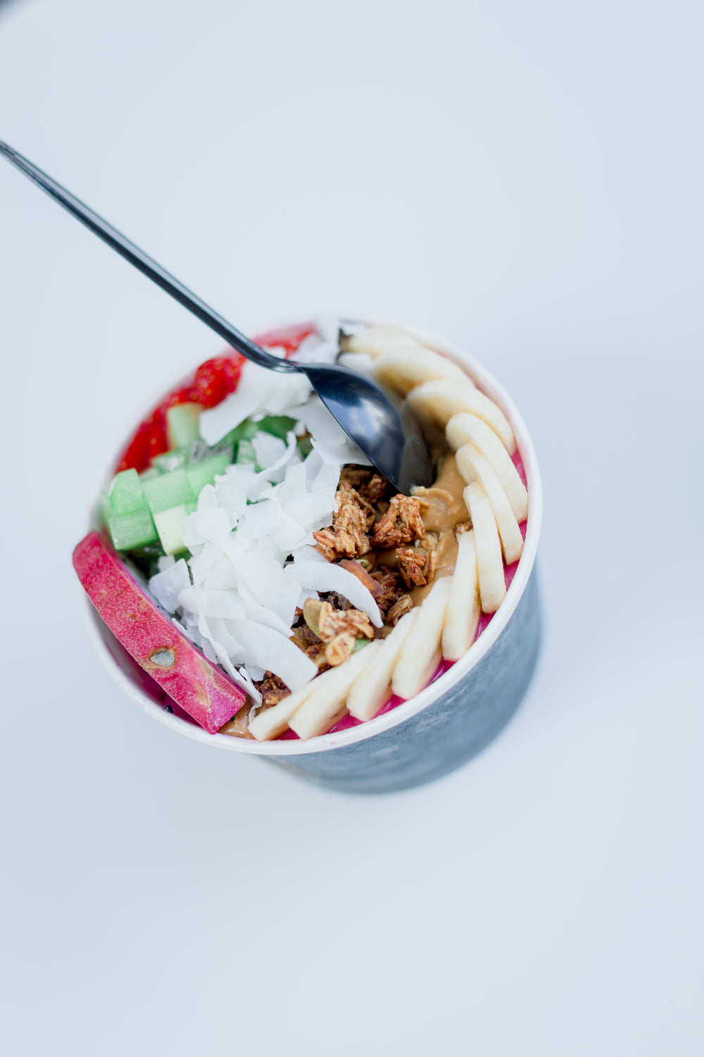 top view of a bowl of fruit and granola