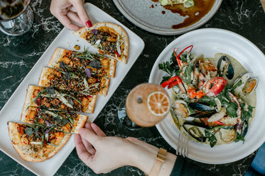 top view of a table of shared food