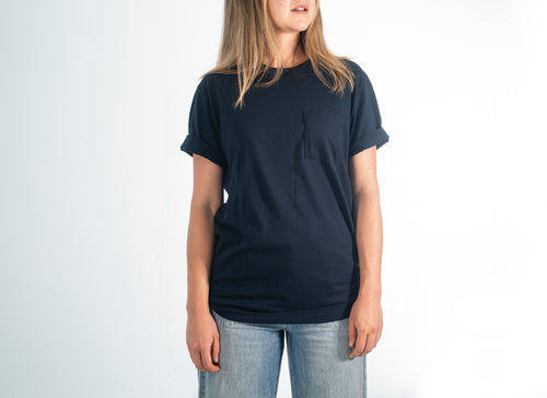 torso of a person in a dark blue shirt on white background