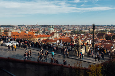 tourists hike through city