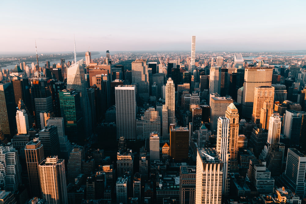 towering new york building from above