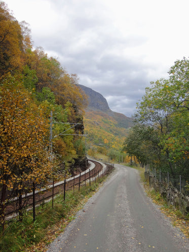 train tracks and dirt road on hillside