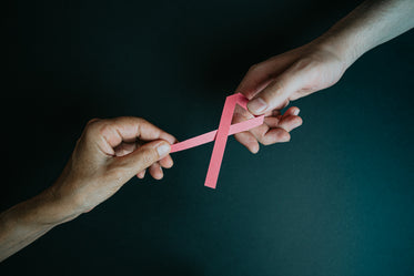 two hands reach in to frame to hold a pink ribbon