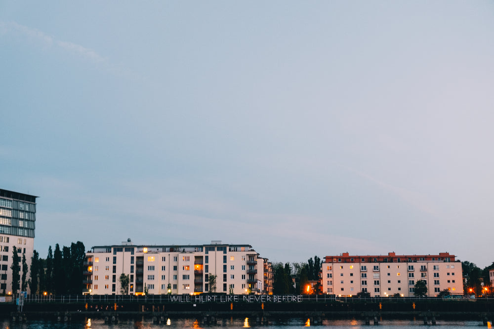 two industrial buildings at twilight