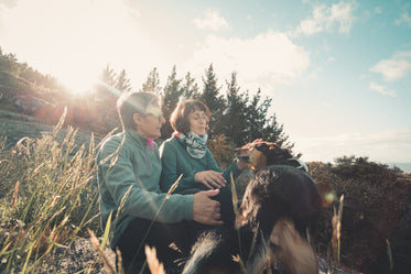 two people and their pet dog sit on a rock in a hill