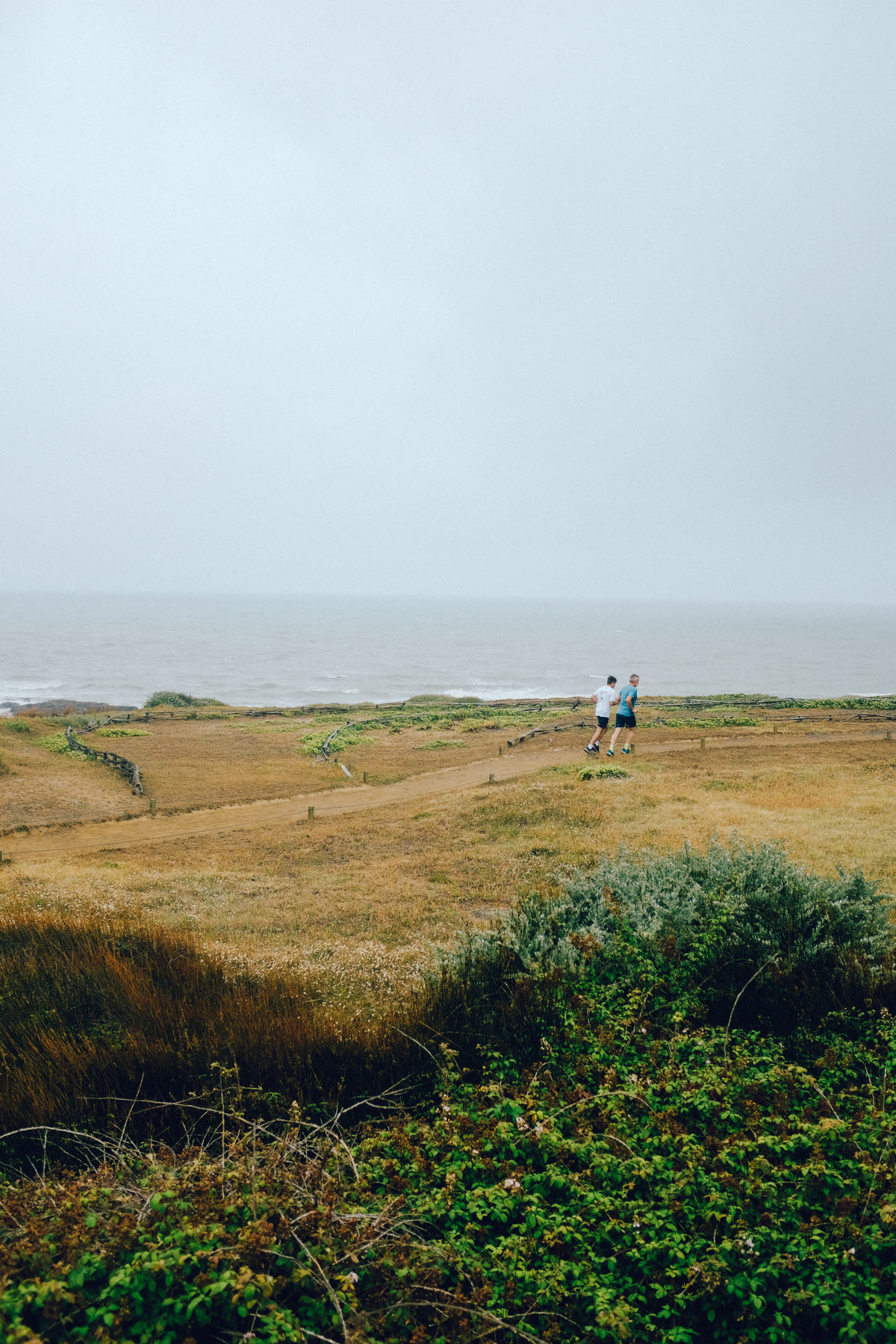 two people running on a coastal trail by the ocean