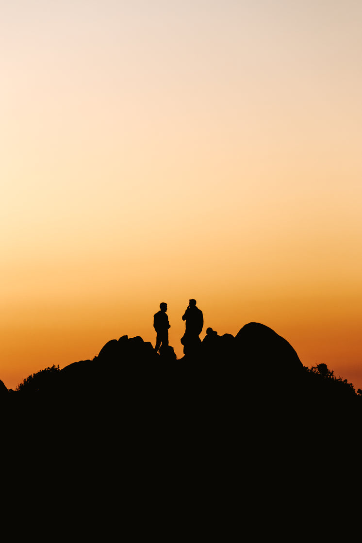 Two People Stands On A Hill Silhouetted By The Sunset