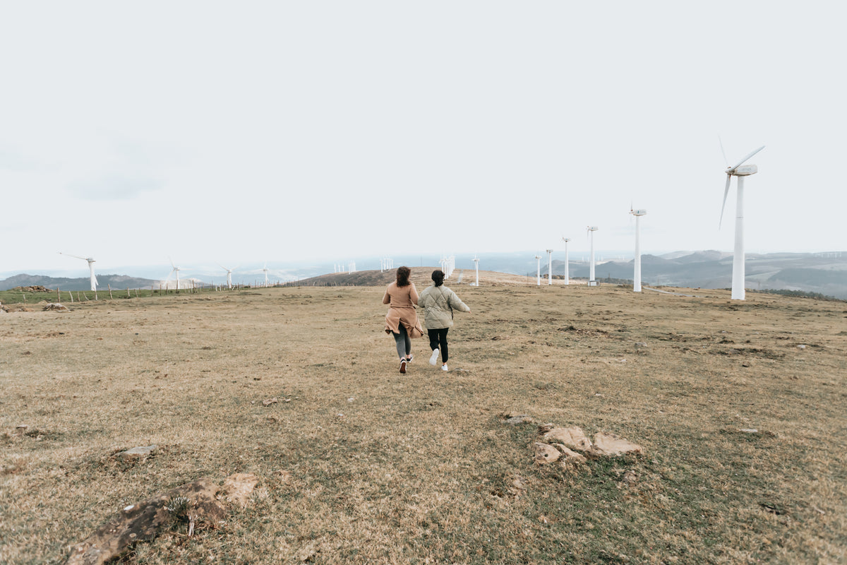 two people walk among tall white windmills
