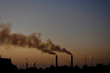 two smoking energy towers in the sunset