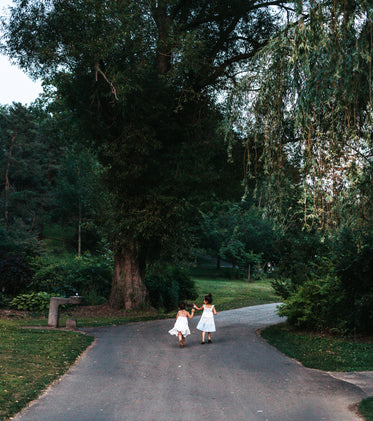 two young girls walking amidst trees