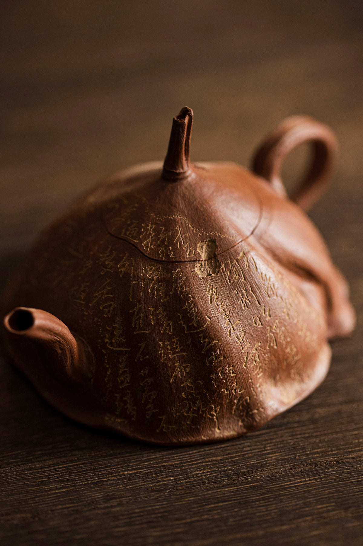 unique metal teapot sits on a wooden surface