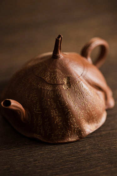 unique metal teapot sits on a wooden surface