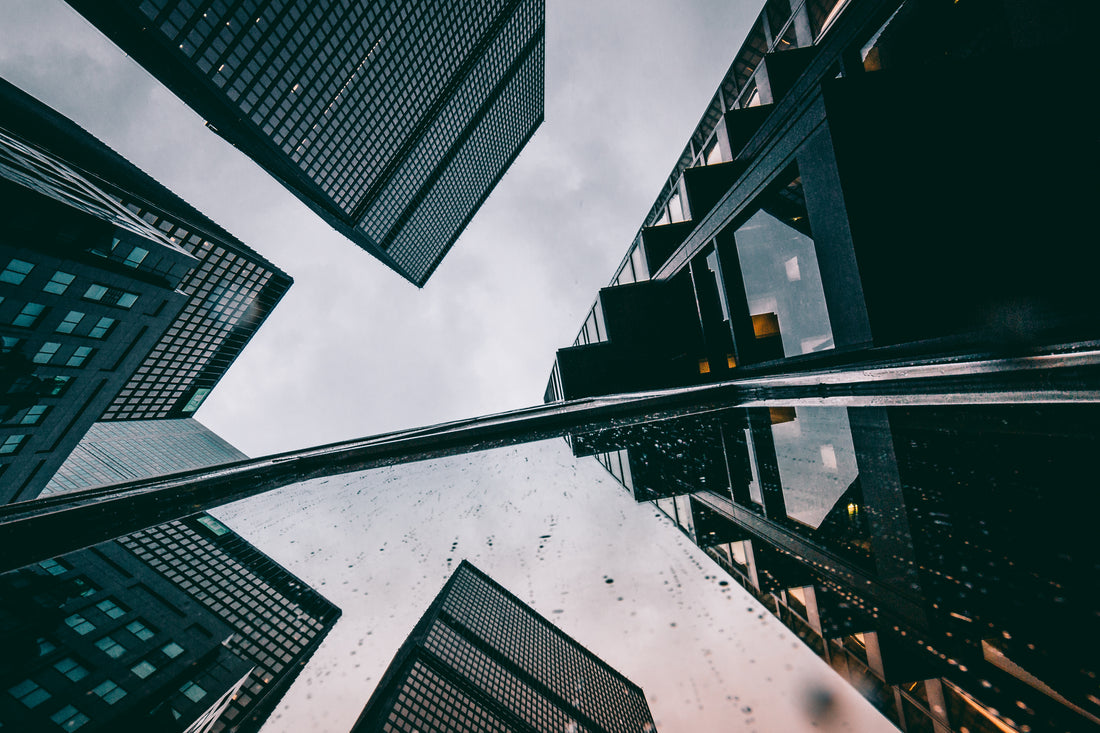 Looking up the face of a city building