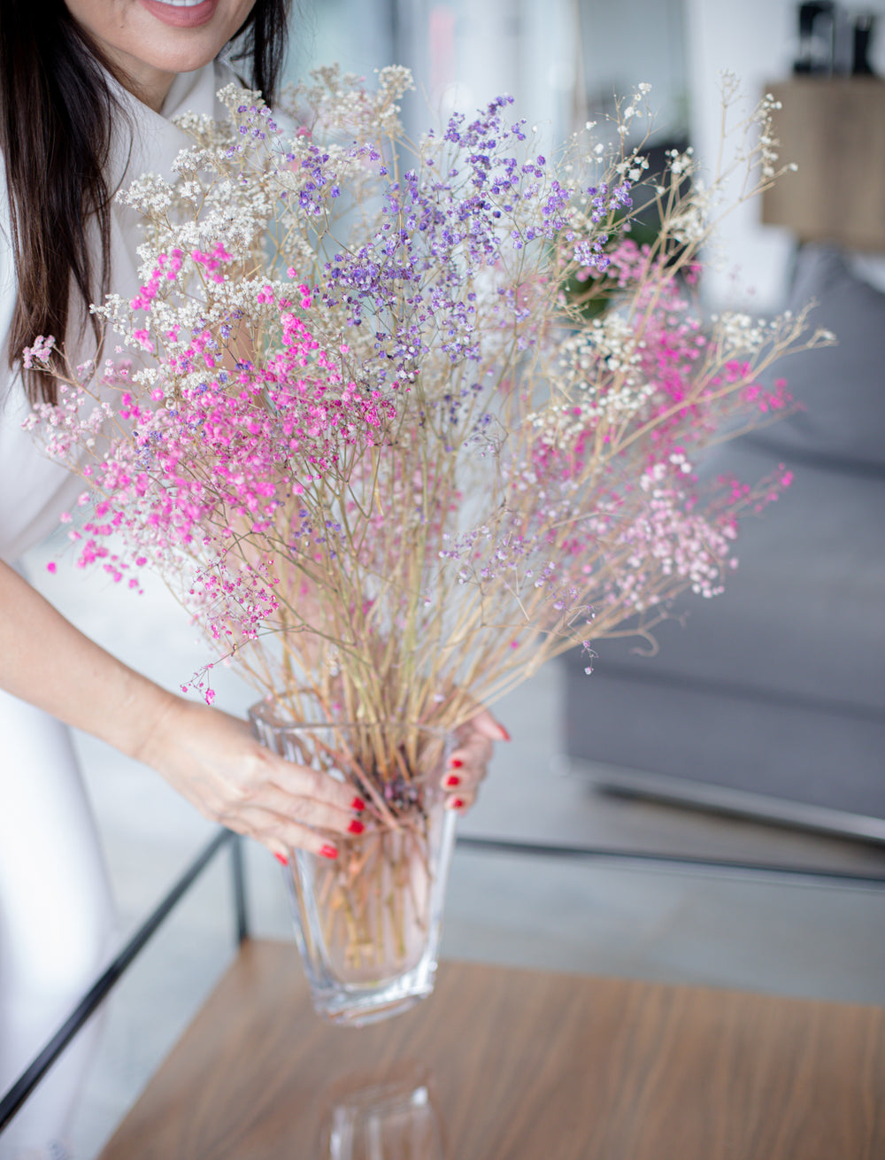 vase of pink purple and white flower arrangement