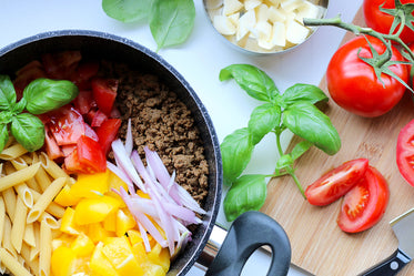 vegan pasta with veggie ground round and fresh veg