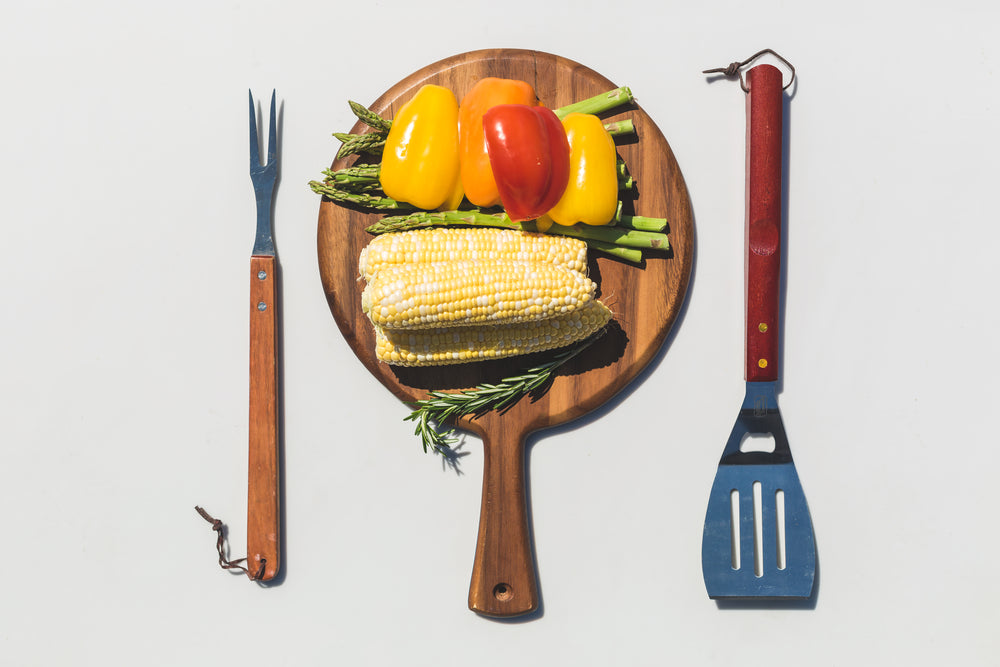 veggies cutting board grill tools