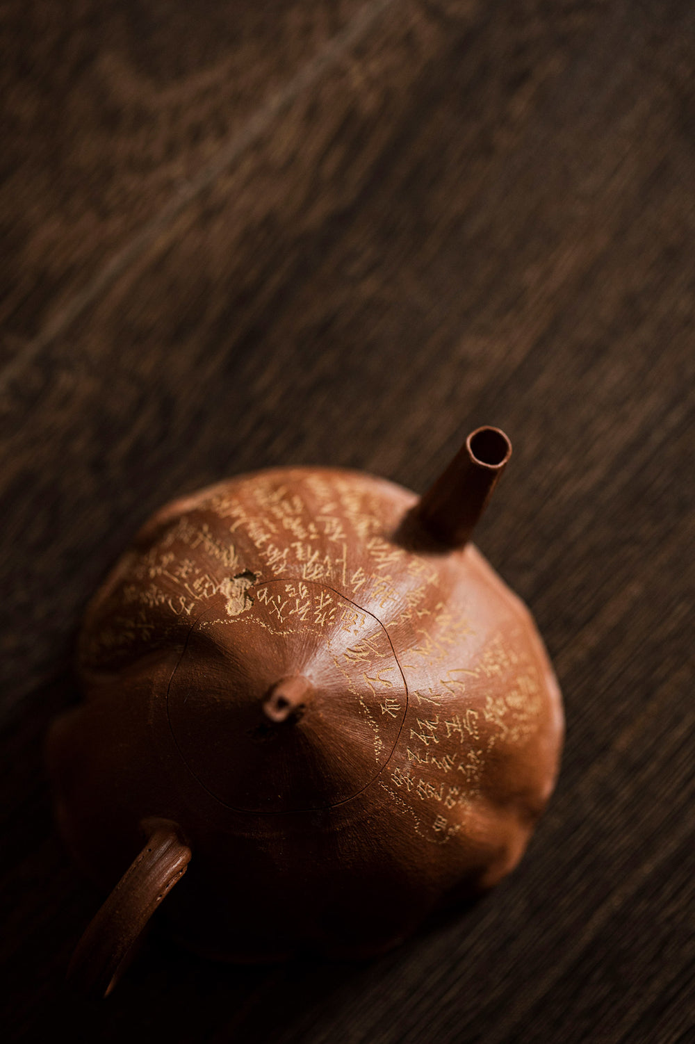 view from a rust colored teapot from above