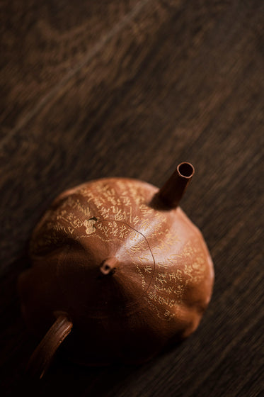 view from a rust colored teapot from above