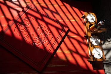 view from above of a red wooden table