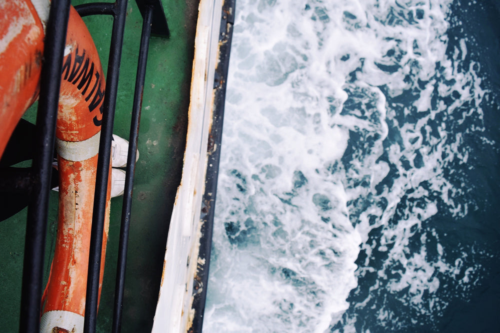 view looking down on boat at sea