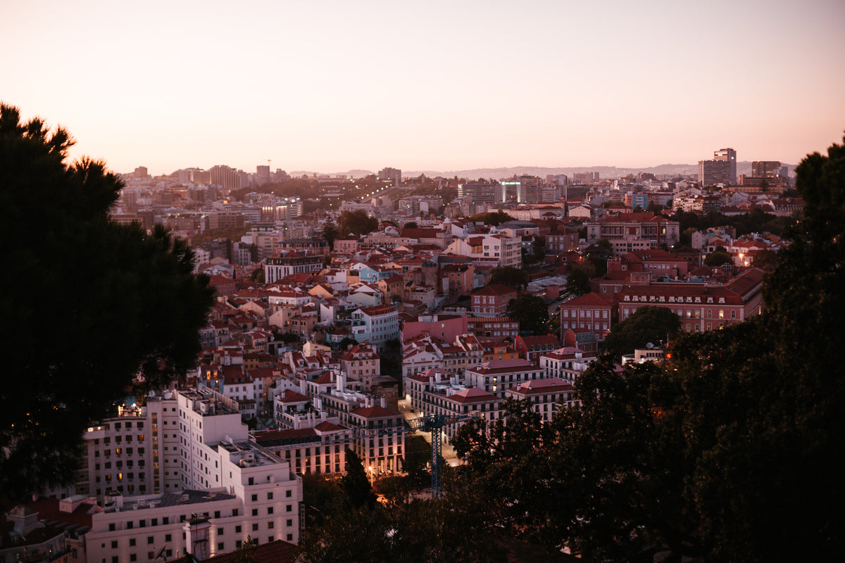 view of lisbon city skyline and sunset framed by trees