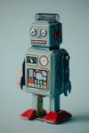 vintage robot full body blue background