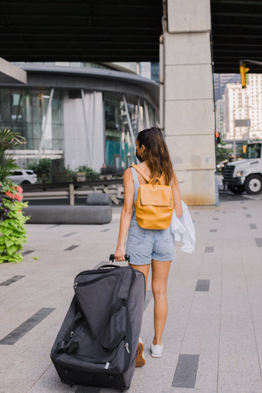 walking away from the camera pulling a large suitcase