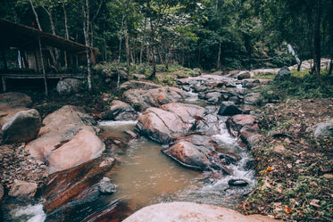 water calmly flows over rocks