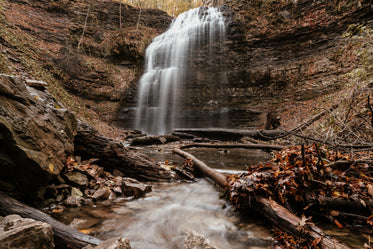 waterfall over autumn leaves