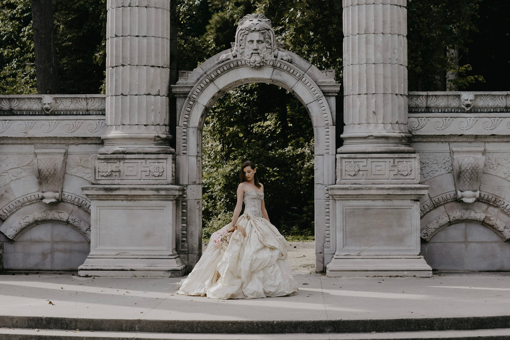 wedding fashion and stone pillars