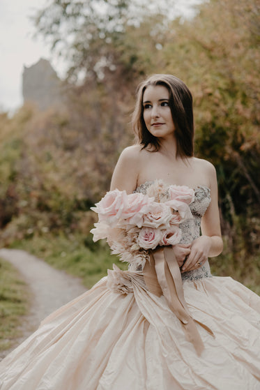 wedding gown and bridal bouquet