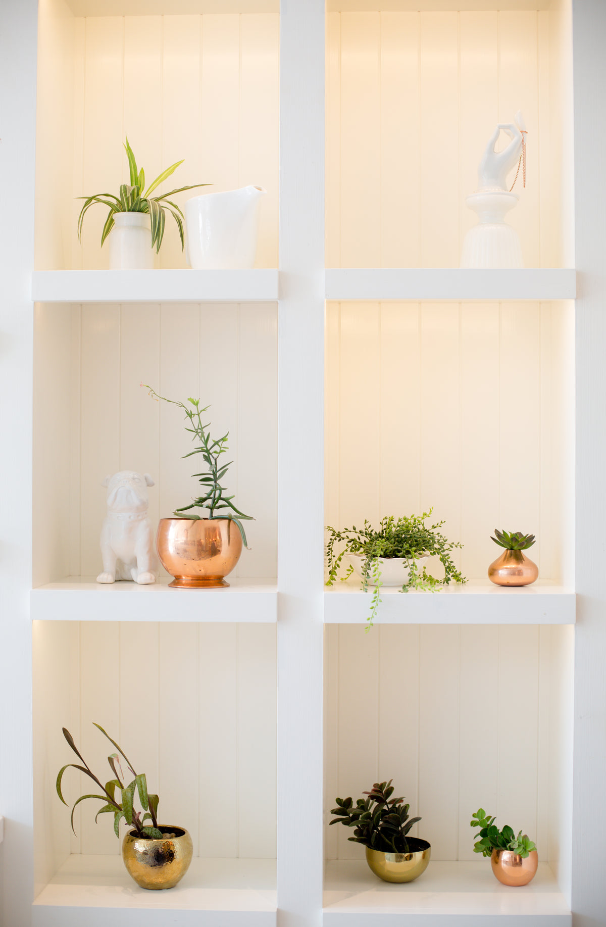 white bookshelf filled with plants and statues