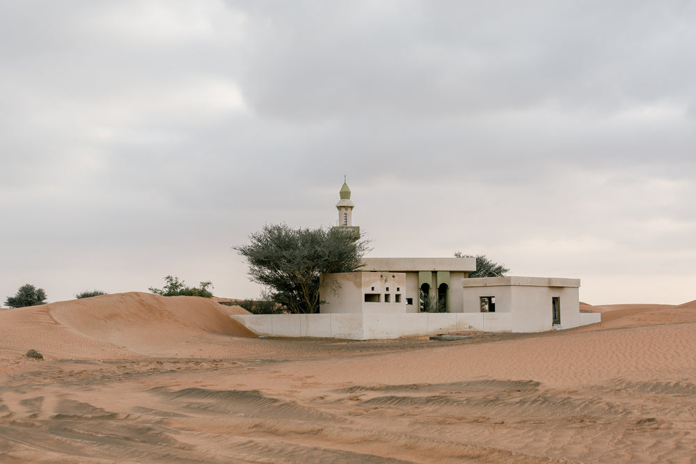 white building surrounded by red sand