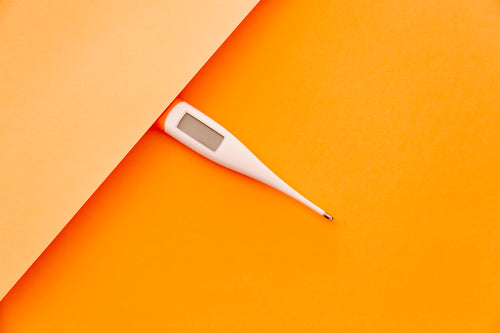 white digital thermometer lays on bright background