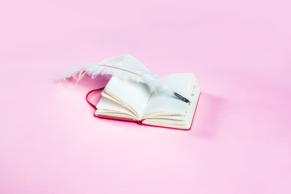 white feather quill sat on top of red notebook