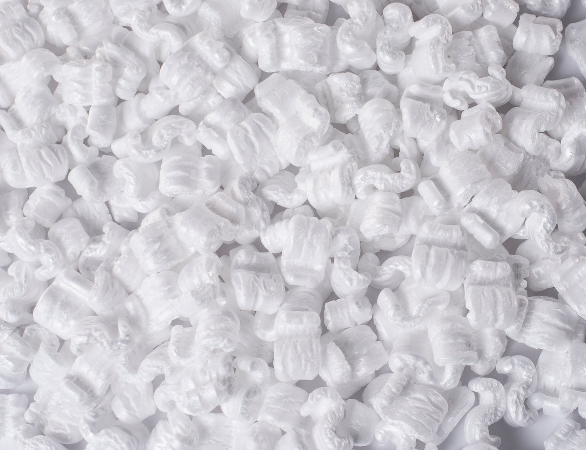 white packing peanuts on table