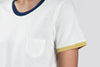 white t shirt with blue and gold