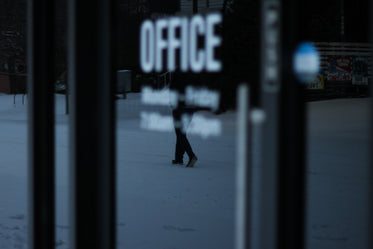 window reflecting a person walking in the snow