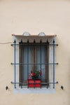 window with iron guards on yellow building