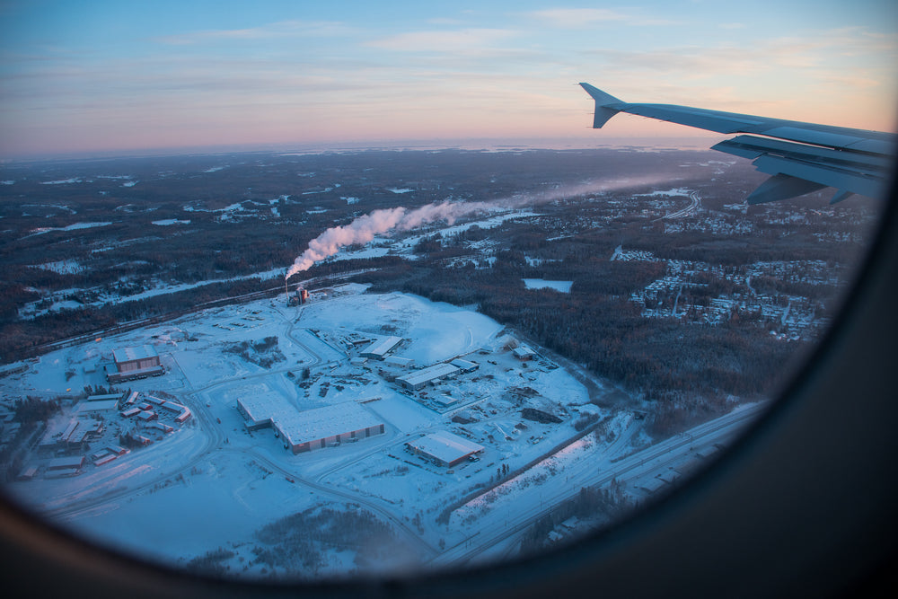 winter scene from airplane window